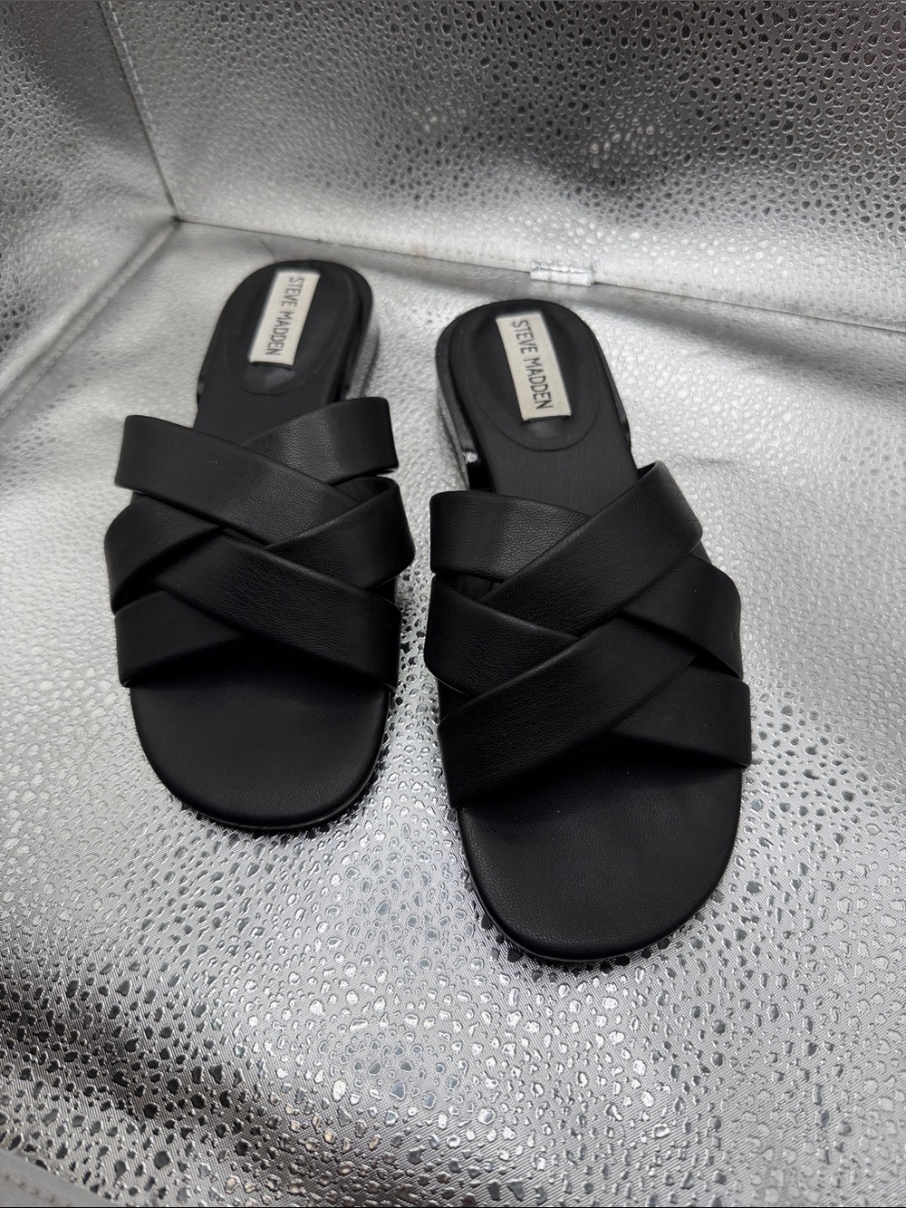 Steve Madden Black Crisscross Slide Sandals with Padded Footbed